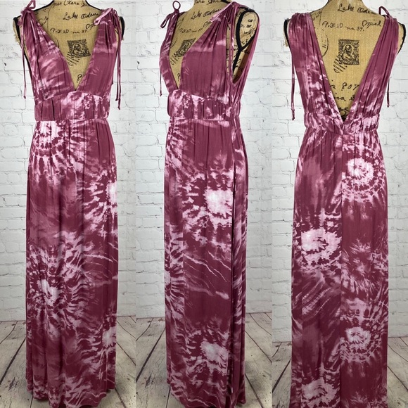 Rokoko Crinkly Mauve Tie Dyed Plunge Front Low Back Maxi - Picture 1 of 2